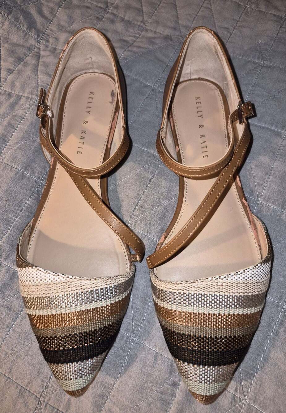 Kelly & Katie Pointed Toe Ankle Strap Flats with Striped Fabric Toe
